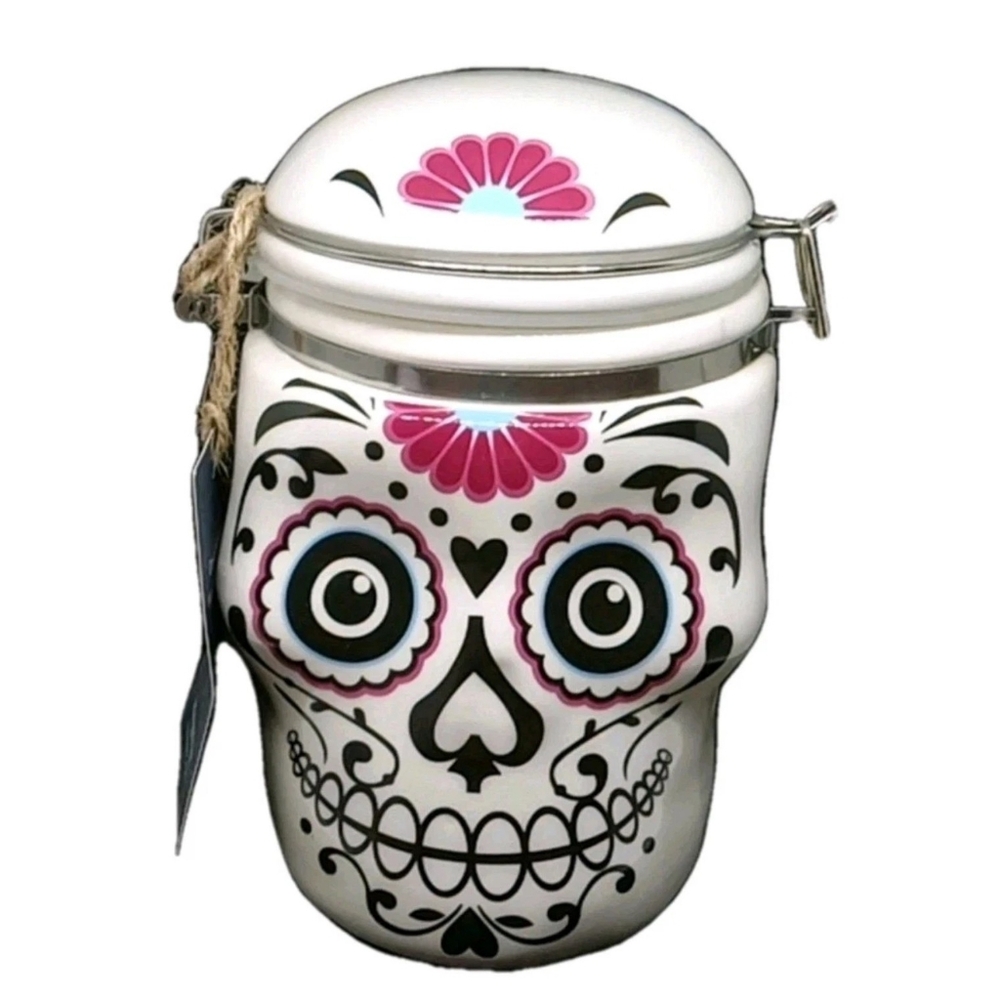 Ceramic Jar Day Of The Dead Skull Sugar Hinged Canister Storage NWT Gift